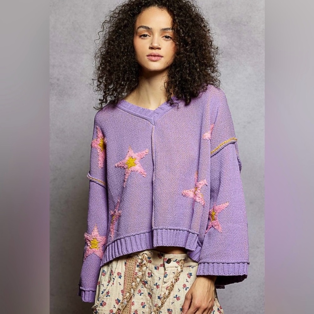 POL Lavender Chenille Star V Neck Sweater
